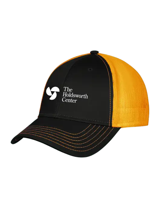 Black/Black/Gold Mesh Gold Stitching on Bill Trucker Cap Snap Back

 w/Holdsworth Center Logo