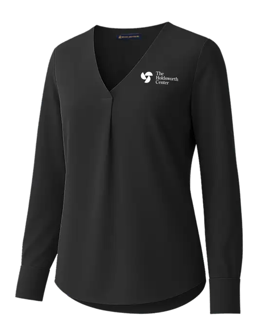 Brooks Brothers Womens Black Open-Neck Satin Blouse  w/Holdsworth Center Logo