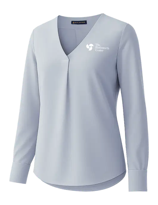Brooks Brothers Womens Light Slate Blue Open-Neck Satin Blouse  w/Holdsworth Center Logo