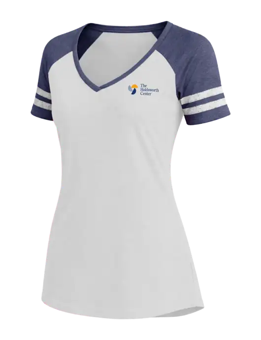 Womens White/Navy Heather V-Neck Game Tee w/Holdsworth Center Logo