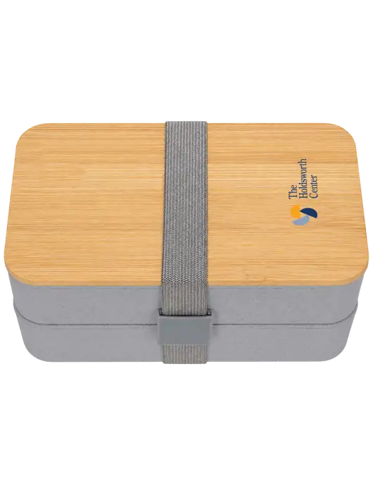 Double Decker Light Medium Grey Lunch Box w/Eco-Friendly FSC Bamboo Lid & Reusable Utensils w/Holdsworth Center Logo
