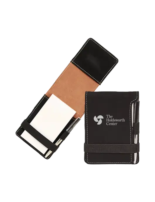 Black Leatherette Mini Notepad with Pen,  3.25 x 4.75 w/Holdsworth Center Logo