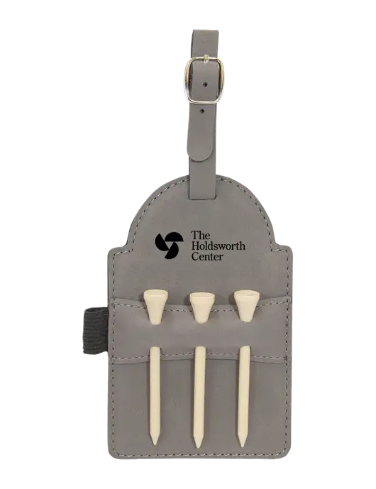 Grey Leatherette Golf Bag Tag with 3 Wooden Tees w/Holdsworth Center Logo