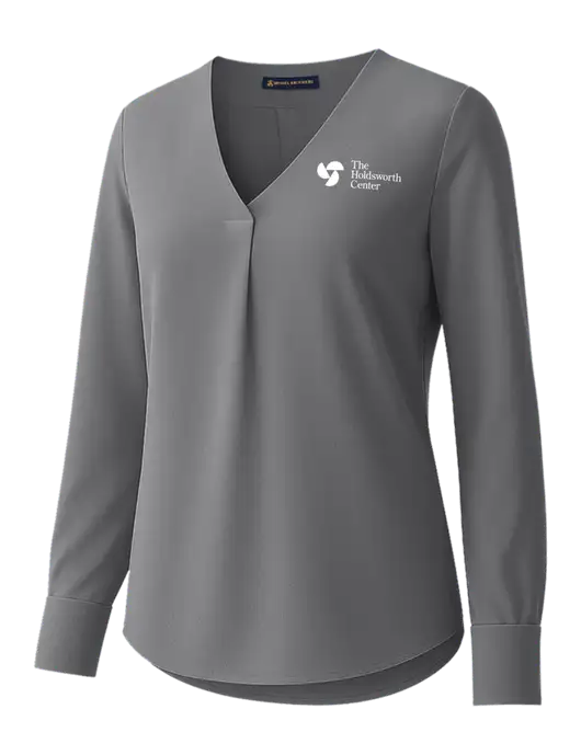 Brooks Brothers Womens Medium Grey Open-Neck Satin Blouse  w/Holdsworth Center Logo