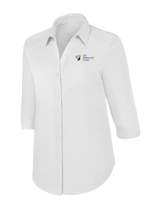 Womens White 3/4 Sleeve Carefree Poplin Shirt w/Holdsworth Center Logo