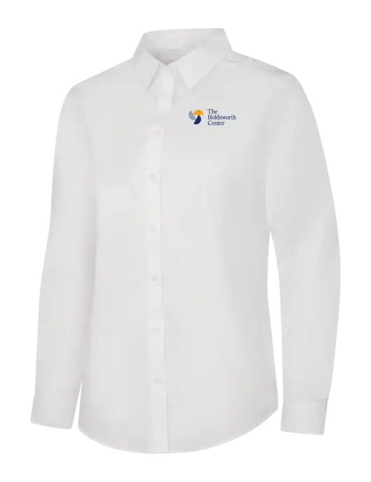 Womens White Long Sleeve Carefree Poplin Shirt w/Holdsworth Center Logo